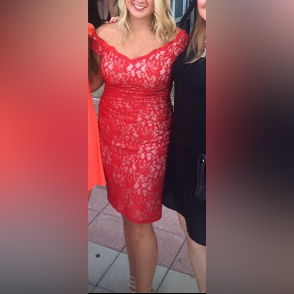 Xscape red lace off the shoulder dress